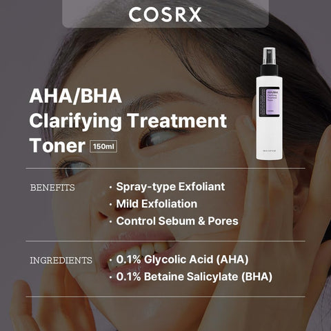 [COSRX]  AHA/BHA Treatment Toner 5.07 fl.oz/ 150ml, Facial Exfoliating Spray for Whiteheads, Pores, & Uneven Skin, Korean Toner, Not Tested on Animals, No Parabens, No Sulfates, Korean Skin Care